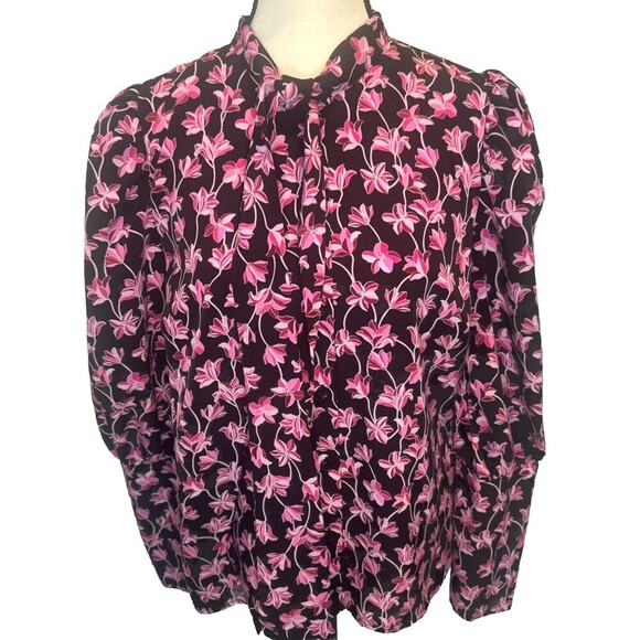Women's Who What Wear BLACK PINK Floral Puff Long Sleeve Polyester Blouse Sz L - Picture 1 of 10